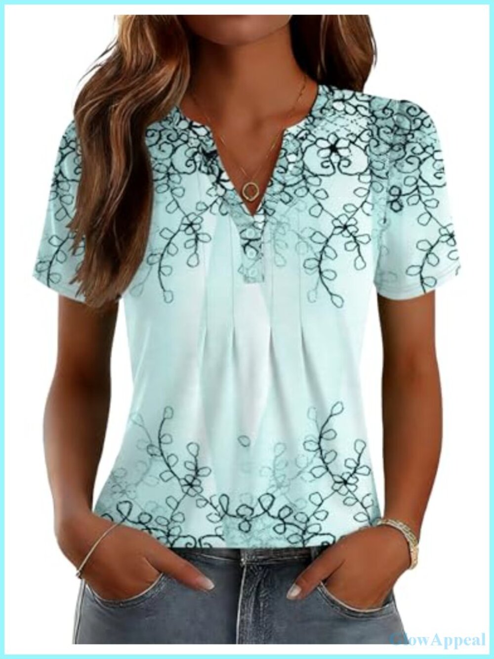 Women's Pleated V-Neck Tunic Top Short Sleeve Button Down Loose Fit Casual